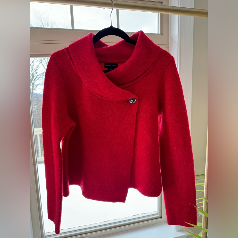 Adrienne Vittadini Red Shawl Collared Button Front Sweater Jacket
